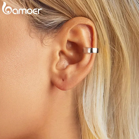 BAMOER 925 Sterling Silver Mono-earring Clip Earrings Sparkling Cubic Zirconia Round Huggie Ear Cuff White Gold Plated Earrings