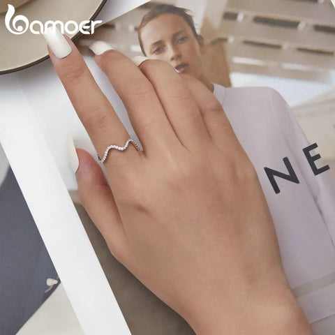 Bamoer 925 Sterling Silver Original Design Irregular Geometric Finger Ring Pave Setting CZ for Women Birthday Gift BSR314