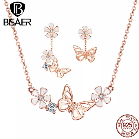 BISAER 925 Sterling Silver Butterfly & Flower Jewelry Set Necklace Earrings Plated Rose Gold For Women Elegant Fine Jewelry Gift