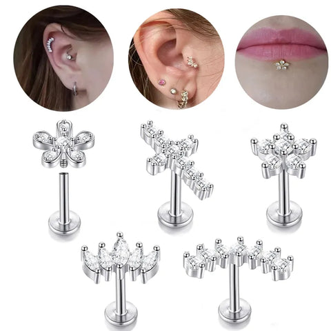 1Pc Stainless Steel Labret Ring Internally Threaded Ear Tragus Crystal Cross Cartilage Ear Stud Helix Piercing Body Jewelry 16G