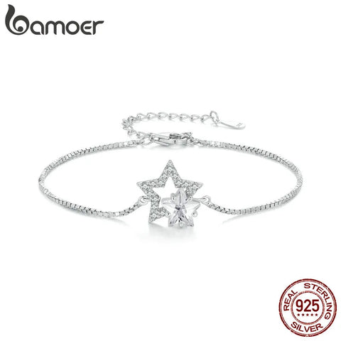 Bamoer 925 Sterling Silver Dazzling Star Bracelet Crystal Star Adjustable Chain Link for Women Party Fine Jewelry Birthday Gift