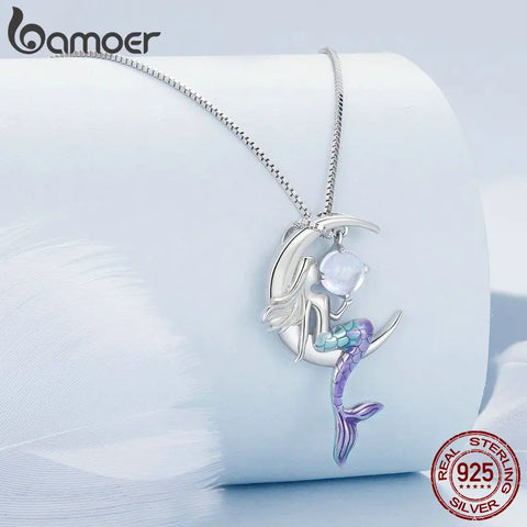 Bamoer 925 Sterling Silver Mermaid Pendant Necklace Moon Neck Chain for Women Delicate Birtrhday Gift Fine Jewelry
