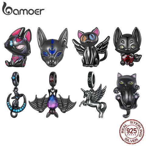 Bamoer 925 Sterling Silver Egyptian Cat God Charms Black Gold Plated Cute Animal Beads for Women Bracelet and Bangle DIY