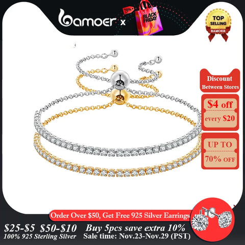 BAMOER 14K Gold Plated CZ Classic Tennis Bracelet for Women, 925 Sterling Silver Adjustable Slider Bracelet Wedding Jewelry Gift