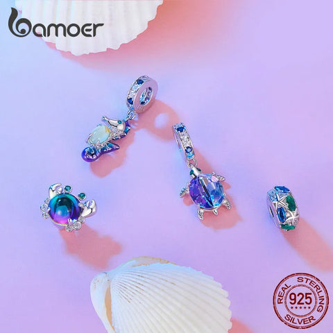 Bamoer 925 Sterling Silver Dreamy Oecan Series Dazzling Crab Beads Seahorse Pendant Charms for Women Bracelet and Necklace DIY