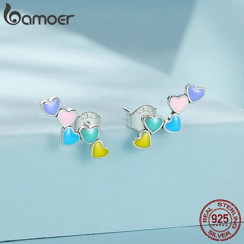Bamoer 925 Sterling Silver Enamel Rainbow Heart Stud Earrings Sweet Candy Love Earrings for Girls Women Fine Jewelry Gift