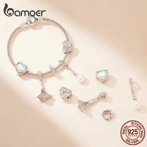 Bamoer 925 Sterling Silver Wedding Series Heart of Rose Bead Wedding Dress Charms for Women Bracelet Bangle DIY Fine Jewelry