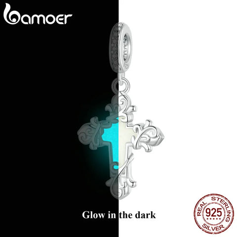 BAMOER 925 Silver Charm Cross Glowworm Light Pendant Fit Original Charm Bracelet Diy Jewelry Accessories