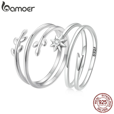 Bamoer 925 Sterling Silver Wishing Meteor Ring for Women Open Size Mutlilayer Silver Girl Ring Fine Jewelry Wedding Party Gift