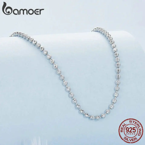 BAMOER 925 Sterling Silver Bead Ball Chain Necklace, Solid Silver Strand Chain Necklace for Women BSA004