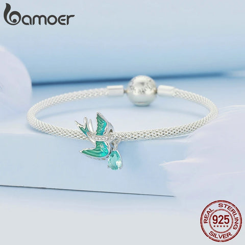 Bamoer 925 Sterling Silver Exquisite Green Enamel Bird Charms Butterfly Bead for Women Original Bracelet and Bangle Fine Jewelry