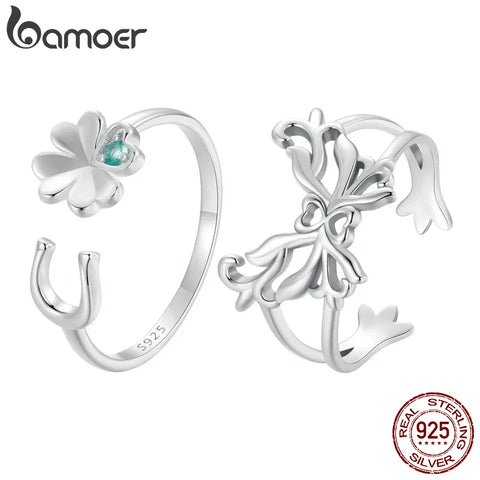 BAMOER 925 Sterling Silver Lucky Four-Leaf Clover Adjustable Ring Horseshoe Opening Ring for Women Original Design Fine Jewelry