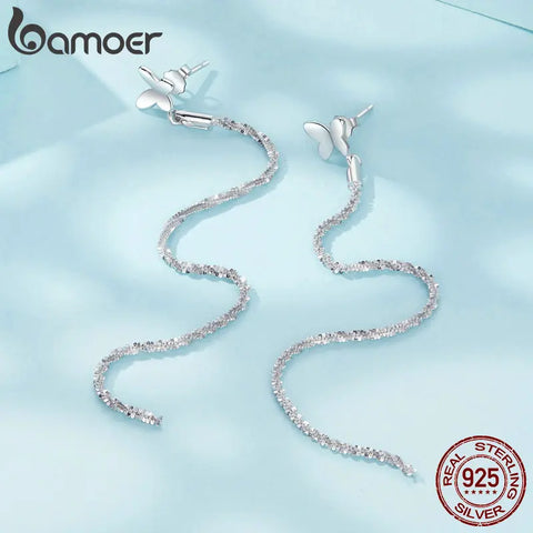 Bamoer 925 Sterling Silver Butterfly Stud Earrings Long Tassel Drop Earrings for Women Engagement Gift Fine Jewelry