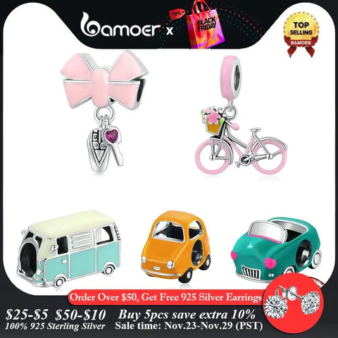 bamoer 925 Sterling Silver Transportation Cartoon Car Key Charm Suv Pink Bicycle Minibus Convertible Bead for Women DIY Jewelry