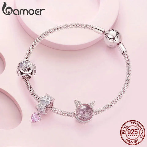 Bamoer 925 Sterling Silver Cute Cat Beads Paw Print Pendant Charms for Women Bracelet and Necklace DIY Fine Jewelry