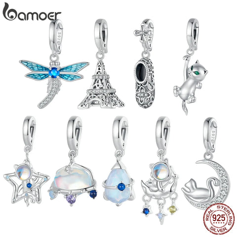 BAMOER 925 Sterling Silver Charm Dangle Pendant for Charm Bracelets and Necklaces Moon Astronaut Moonstone Pendant for Women