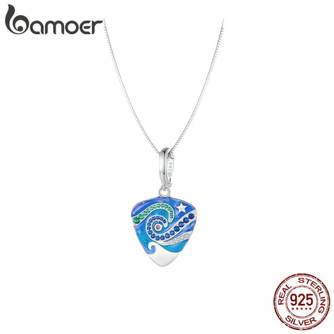 BAMOER Music Gifts 925 Sterling Silver Guitar Plectrum Necklace Blue Enamel Delicate Charm Pendant for Women Teen Girls