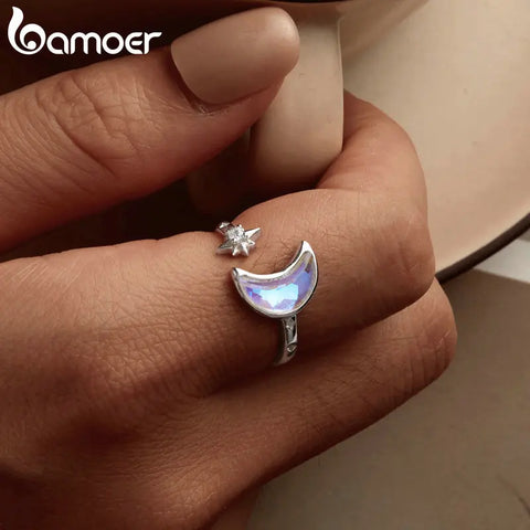 BAMOER Solid 925 Sterling Silver Moon and Star Adjustable Ring Jewelry Gift for Women BSR503-E