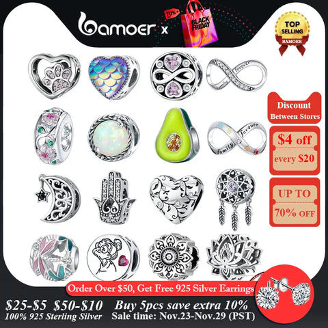 BAMOER Silver Charm Collection 925 Sterling Silver Dazzling CZ Beads fit Bracelets & Bangles Jewelry
