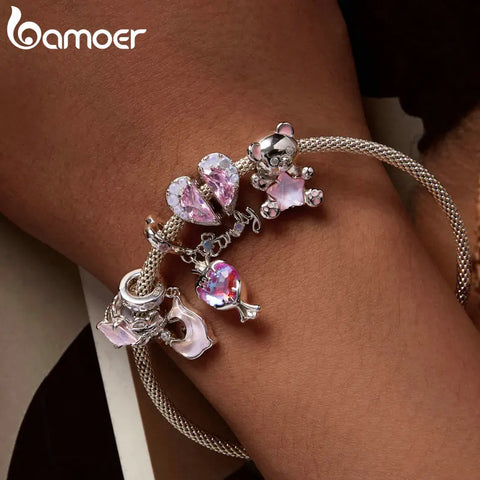 Bamoer 925 Sterling Silver Pink Star Bear Charms Couple Hearts Beads for Women Girls Bracelet & Bangle DIY Fine Jewelry