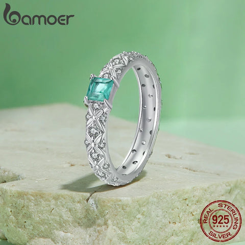 BAMOER 925 Sterling Silver Dainty CZ Ring Platinum Filled Chunky Simple intricate texture Minimalist Band