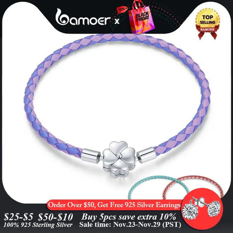 bamoer 925 Sterling Silver Four Leaf Clover Lucky Bracelet Three Color Real Leather Bracelet Women DIY Fine Jewelry