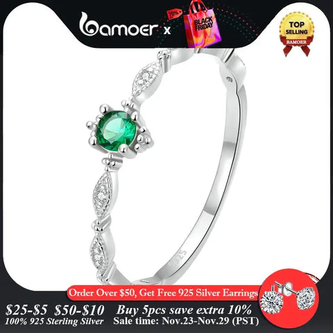 Bamoer 925 Sterling Silver Plating 14k Gold Women Ring Inlaid with Green Zirconium Fine Jewelry Trendy Tail Ring Wedding Gift