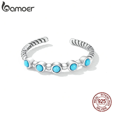 Bamoer New Trendy 925 Sterling Silver Turquoise Twist Open Finger Ring for Women Fine Jewelry Eternity Ring Wedding Party Gift