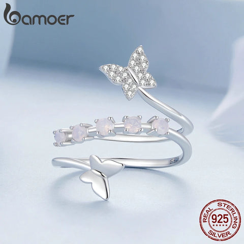 Bamoer 925 Sterling Silver Dancing Butterfly Opening Ring Fantasy Opal Adjustable Ring for Women Pave Setting CZ Fine Jewelry