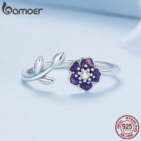 Bamoer 925 Sterling Silver Enamel Purple Flower Adjustable Ring Zircon Opening Ring for Women Birthday Gift Fine Jewelry BSR394