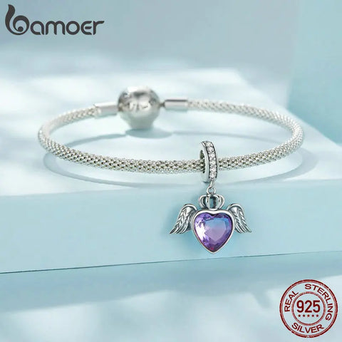 Bamoer 925 Sterling Silver Purple Heart Hanging Beads Guard Wings Pendant  Charms for Women Bracelet Necklace DIY SCC2587