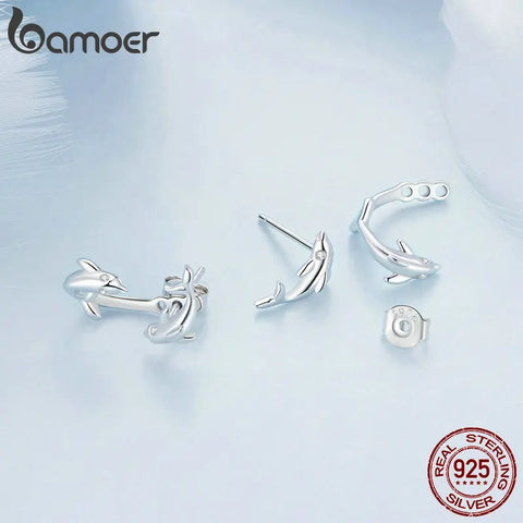 Bamoer 925 Sterling Silver Dolphin Stud Earrings Detachable Earrings for Women Party Platinum Plated Fine Jewelry BSE922
