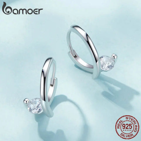 BAMOER Platinum Plated CZ 925 Sterling Silver Huggie Earrings | U-Shaped Solitaire Small Round Hoop Earrings SCE1668