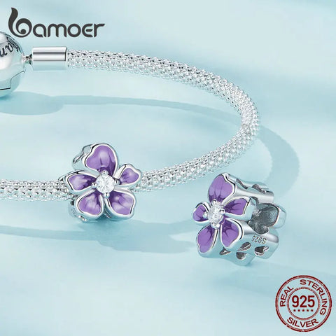 Bamoer 925 Sterling Silver Purple Enamel Flower Beads Clear Zircon Charms for Women Original Bracelet Fine Jewelry SCC2459