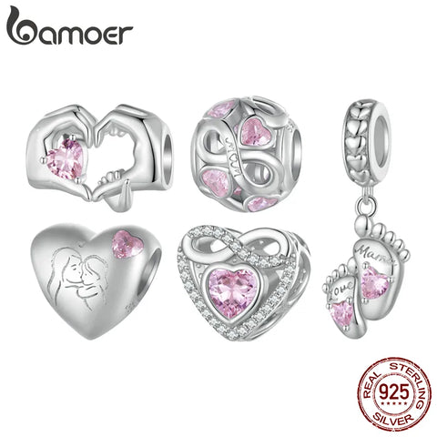 Bamoer 925 Sterling Silver Baby Footprint Pendant Charms Heart of Eternity Bead for Women Bracelet Necklace Mother's Day Gift