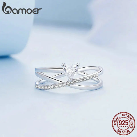 Bamoer 925 Sterling Silver Multi-layer Ring Geometric Round Finger Rings for Women Original Design Heart Zircon Fine Jewelry