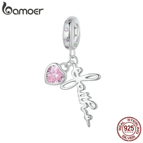 BAMOER Faith Charm 925 Sterling Silver Cross Pendant Heart CZ Initial Pendant fit Charm Bracelet Christmas Jewelry Gifts