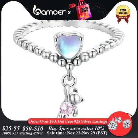 Bamoer 925 Sterling Silver Pink Zircon Cute Little Bear Balloon Finger Ring Heart-shaped Balloon Ring for Women Original Design