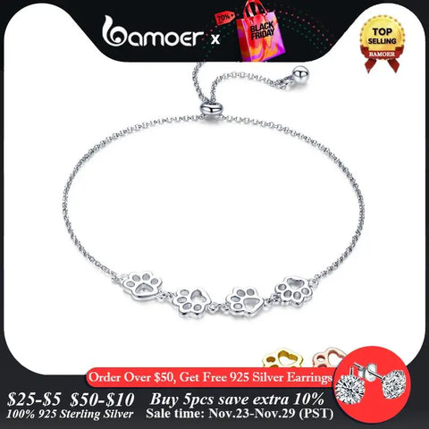 Bamoer Genuine 925 Sterling Silver Cute Pet Footprints Bracelet Cat Paw Adjustable Chain Bracelet for Women Birthday Gift SCB096