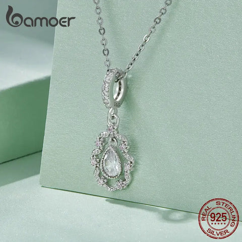 Bamoer 925 Sterling Silver Rococo Hanging Bead Waterdrop Zircon Flower Pendant Charms for Women Bracelet and Necklace DIY