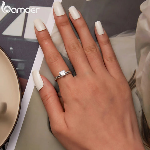 Bamoer 925 Sterling Silver Romantic Love Ring for Women Fine Jewelry Shining Heart Stone Ring for Girl Wedding Bridal Gift