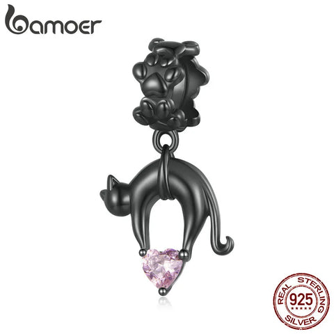 Bamoer 925 Sterling Silver Black Cat Pendant Charms Pink Heart Plated Black Gold Bead for Women Bracelet & Necklace Fine Jewelry