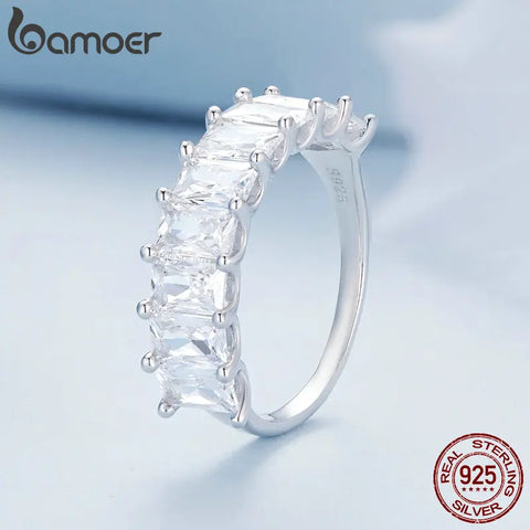 Bamoer 925 Sterling Silver Luxury Shiny Square Zircon Ring for Women Wedding Engagement Gift Fine Jewelry BSR409