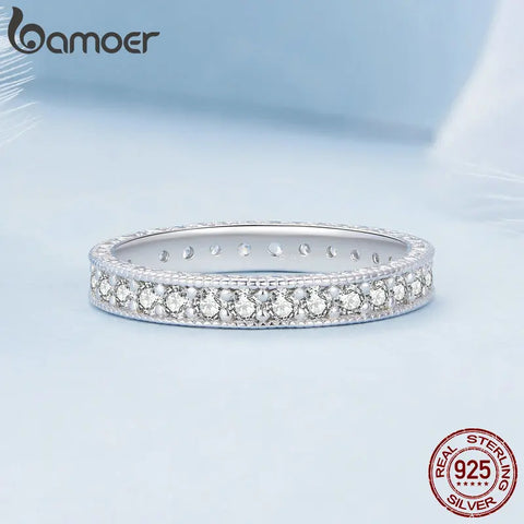 Bamoer 925 Sterling Silver Classic Zircon Engagement Band Promise Bridal Ring Fine Jewelry Gift for Women BSR462
