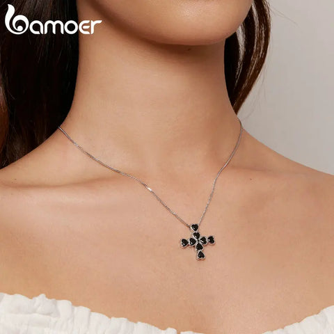 Bamoer 925 Sterling Silver Heart Shaped Black Zircon Cross Pendant Necklace Lucky Guard Neck Chain for Women Fine Jewelry Gift