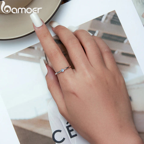 Bamoer 925 Sterling Silver Minimalist Blue Zircon Ring for Women Anniversary Band Simple Silver Ring Fine Jewelry Gift BSR281