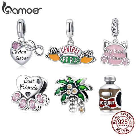 Bamoer 925 Sterling Silver Friends Series Central Perk Pendant Cat Paw Charm Bottle Bead Coconut Tree Bead for Bracelet Bangle