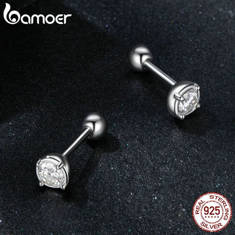 BAMOER 925 Sterling Silver Bezel Setting Moissanite Stud Earrings Round Cut Lab Diamond Earrings for Women Wedding Jewelry Gift