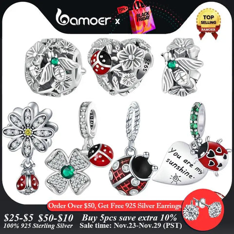 Bamoer 925 Sterling Silver Wing Heart Series Guard of Love Moonstone Charms for Women Original Bracelet Fine Jewelry BSC867