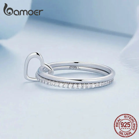 Bamoer 925 Sterling Silver Doule Layer Stackable Ring Heart Buckle Eternity Band for Women Valentine's Day Gift Fine Jewelry
